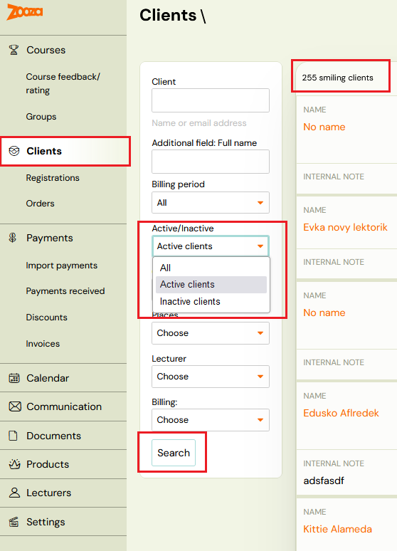 Clients list filtered by active/inactive status