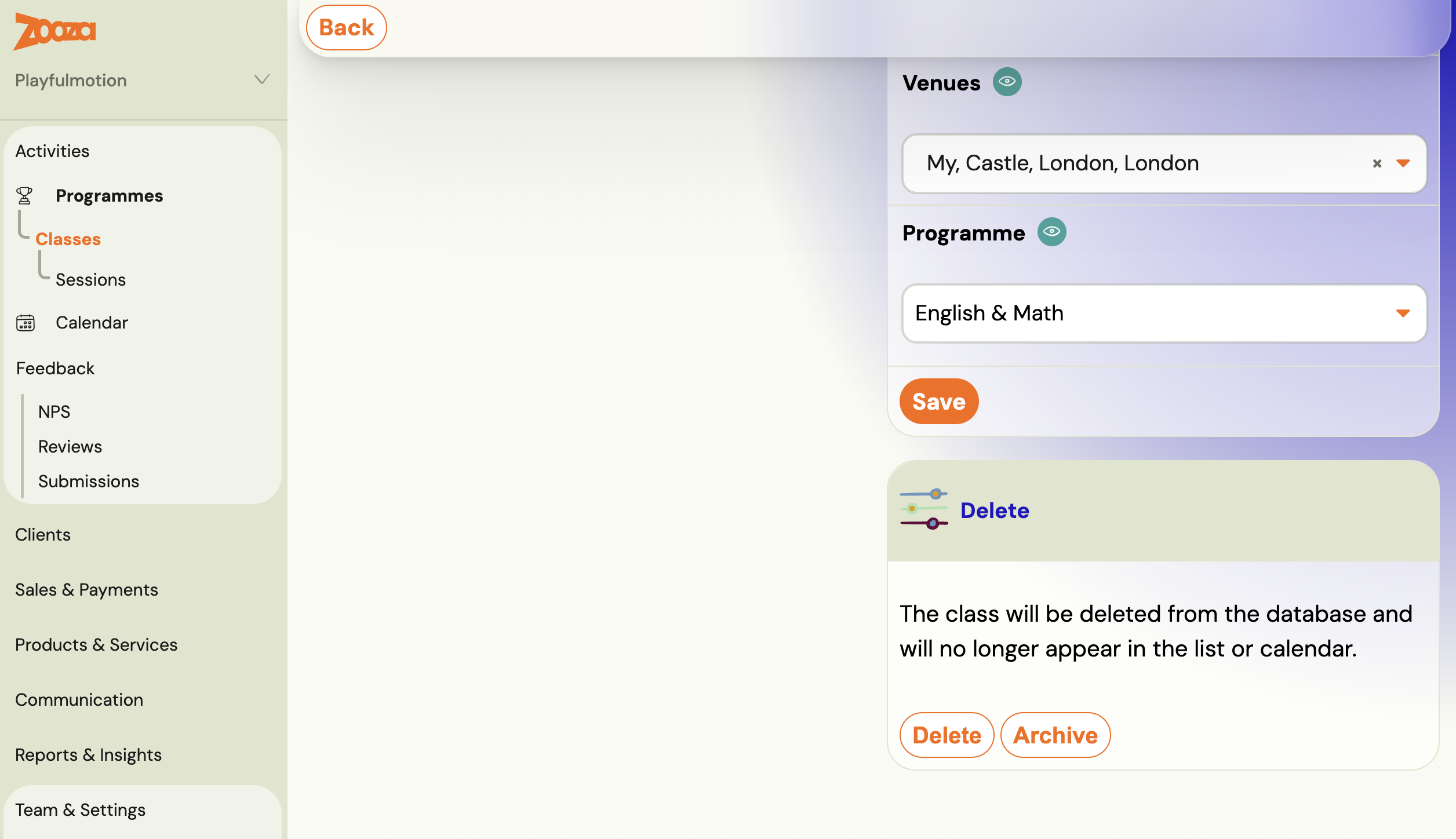 Delete card at the bottom of class settings, offering Delete and Archive side by side