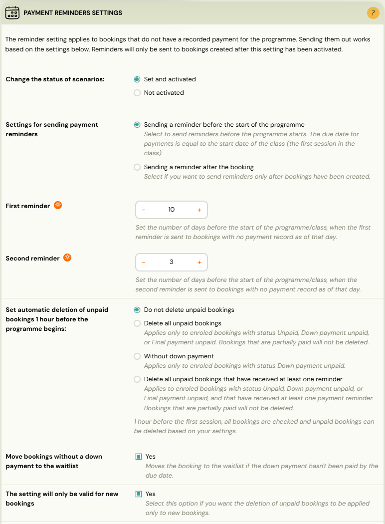 Screenshot — automatic payment reminders detailed