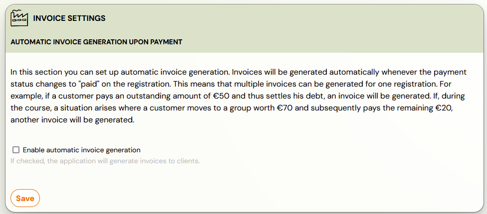 Invoice settings — automatic generation toggle