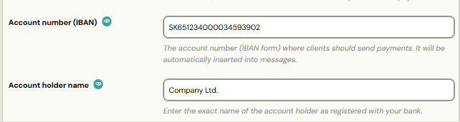IBAN and account holder name fields