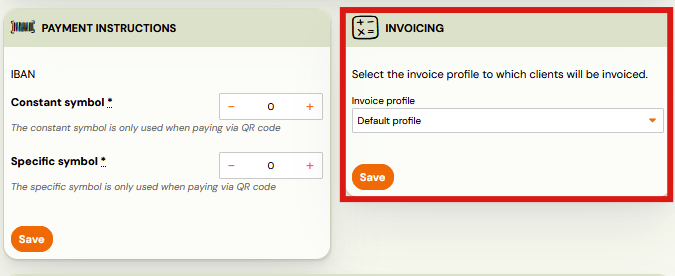 Invoicing section with invoice profile dropdown
