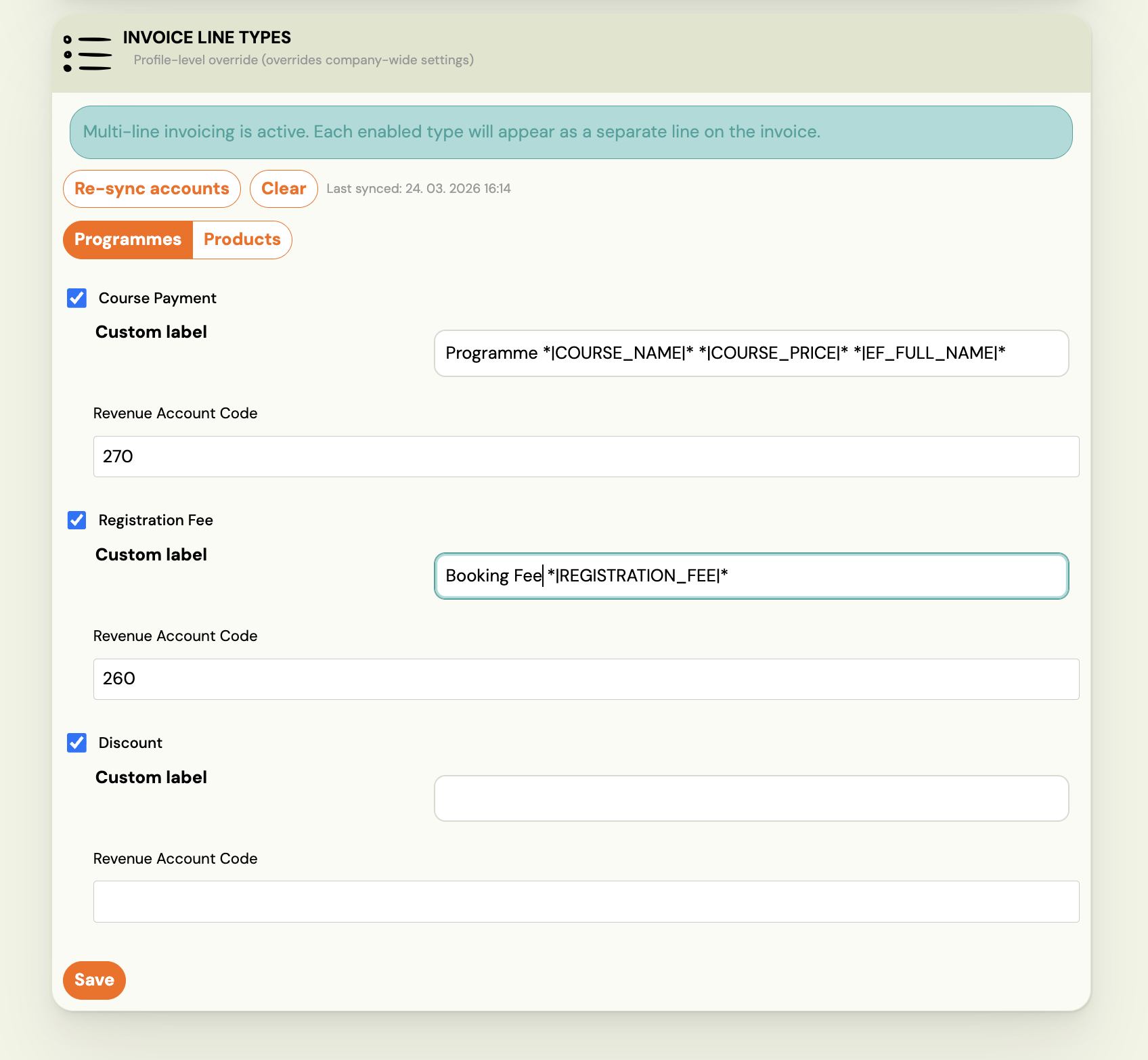 Invoice Line Types section in an Invoice Profile