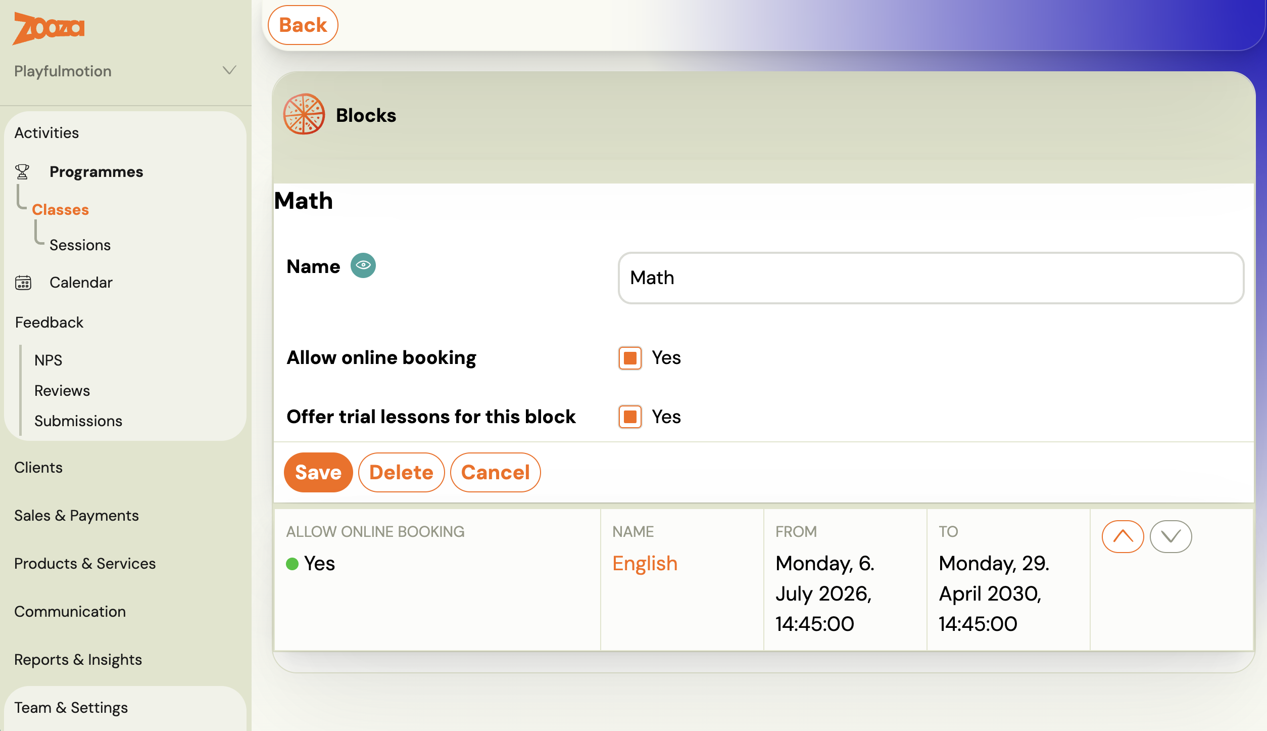 Block editor showing Allow online booking and Offer trial lessons for this block as two separate Yes toggles