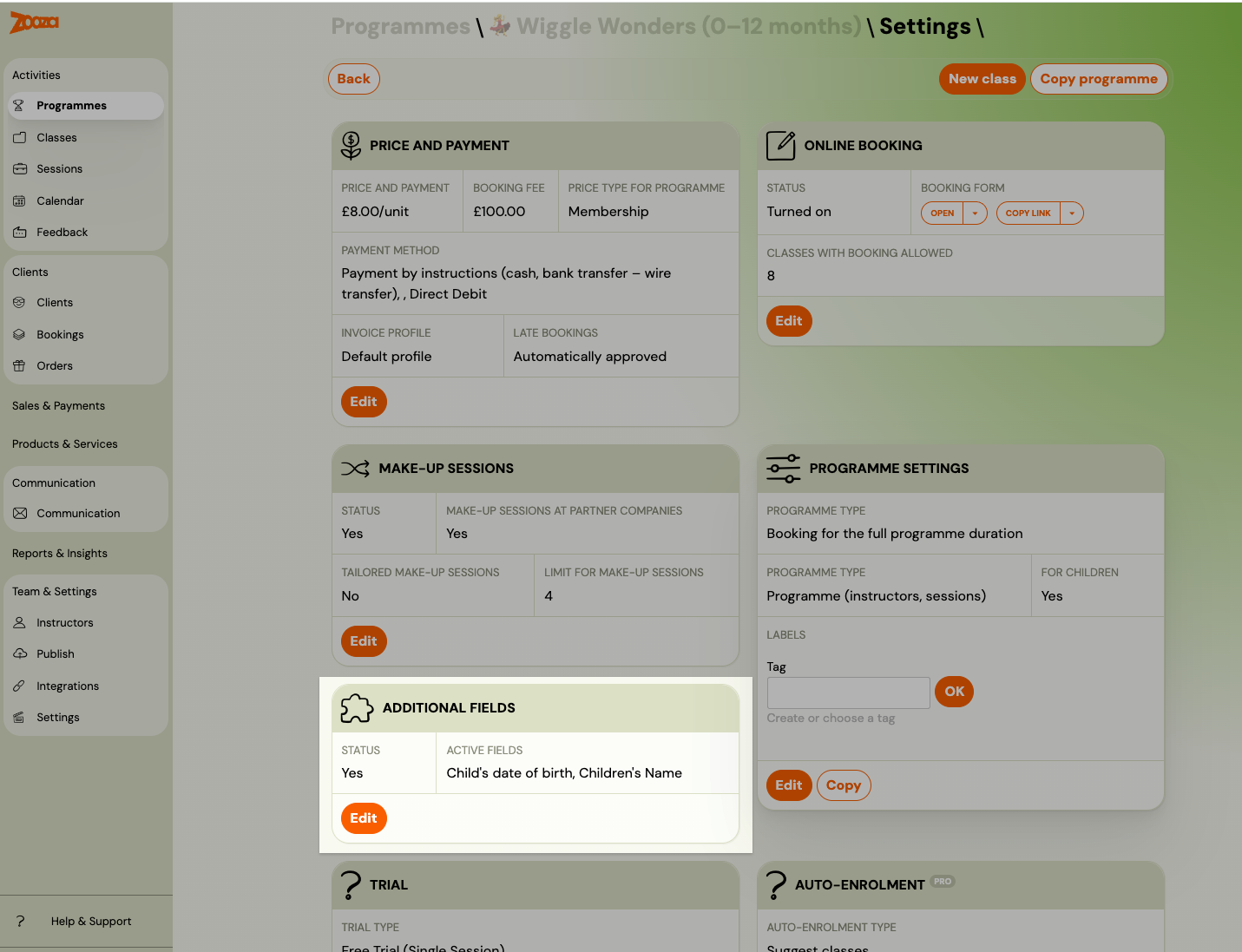 Screenshot — booking form settings