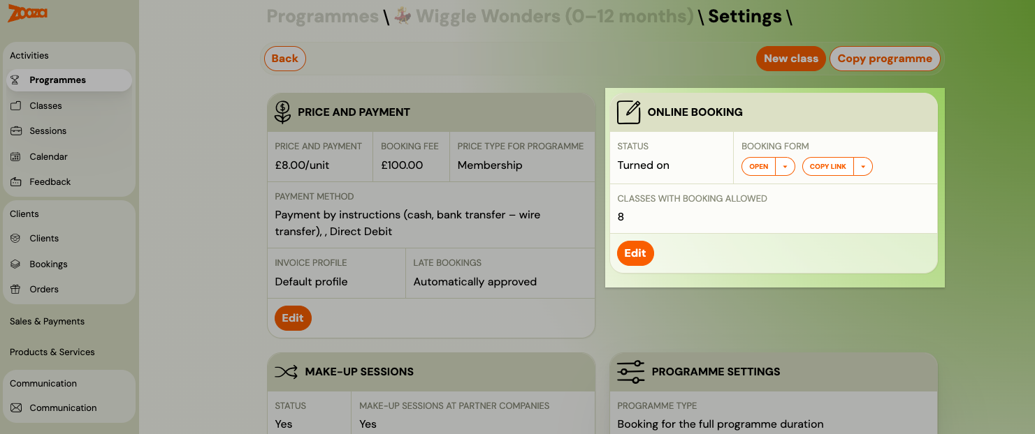 Screenshot — booking form settings