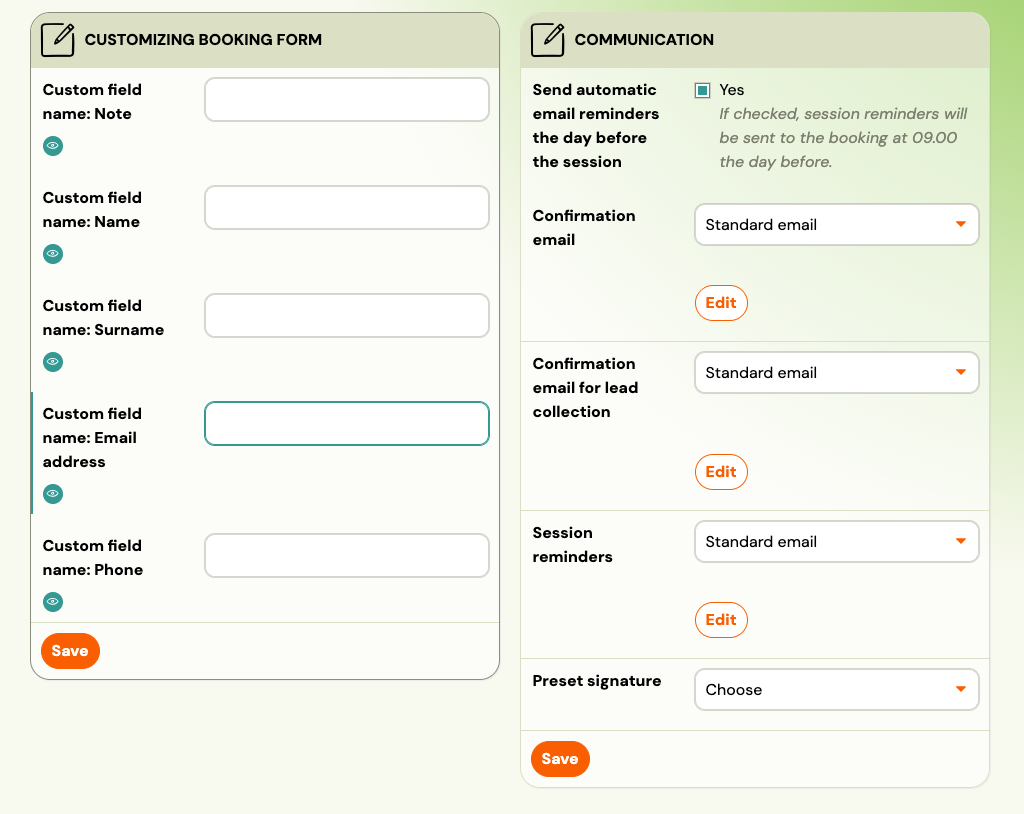 Screenshot — booking form settings