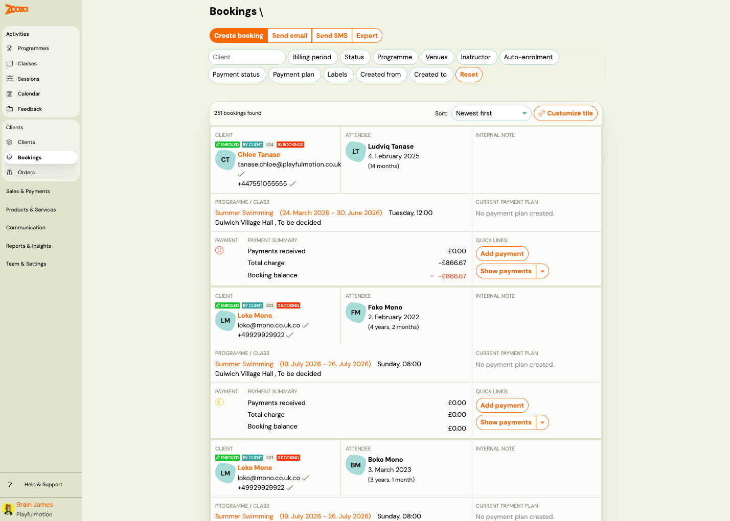 Bookings list