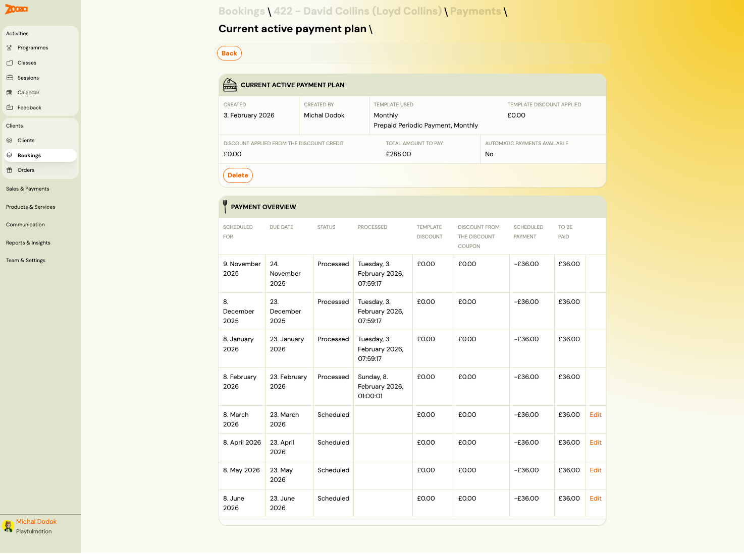 Current active payment plan