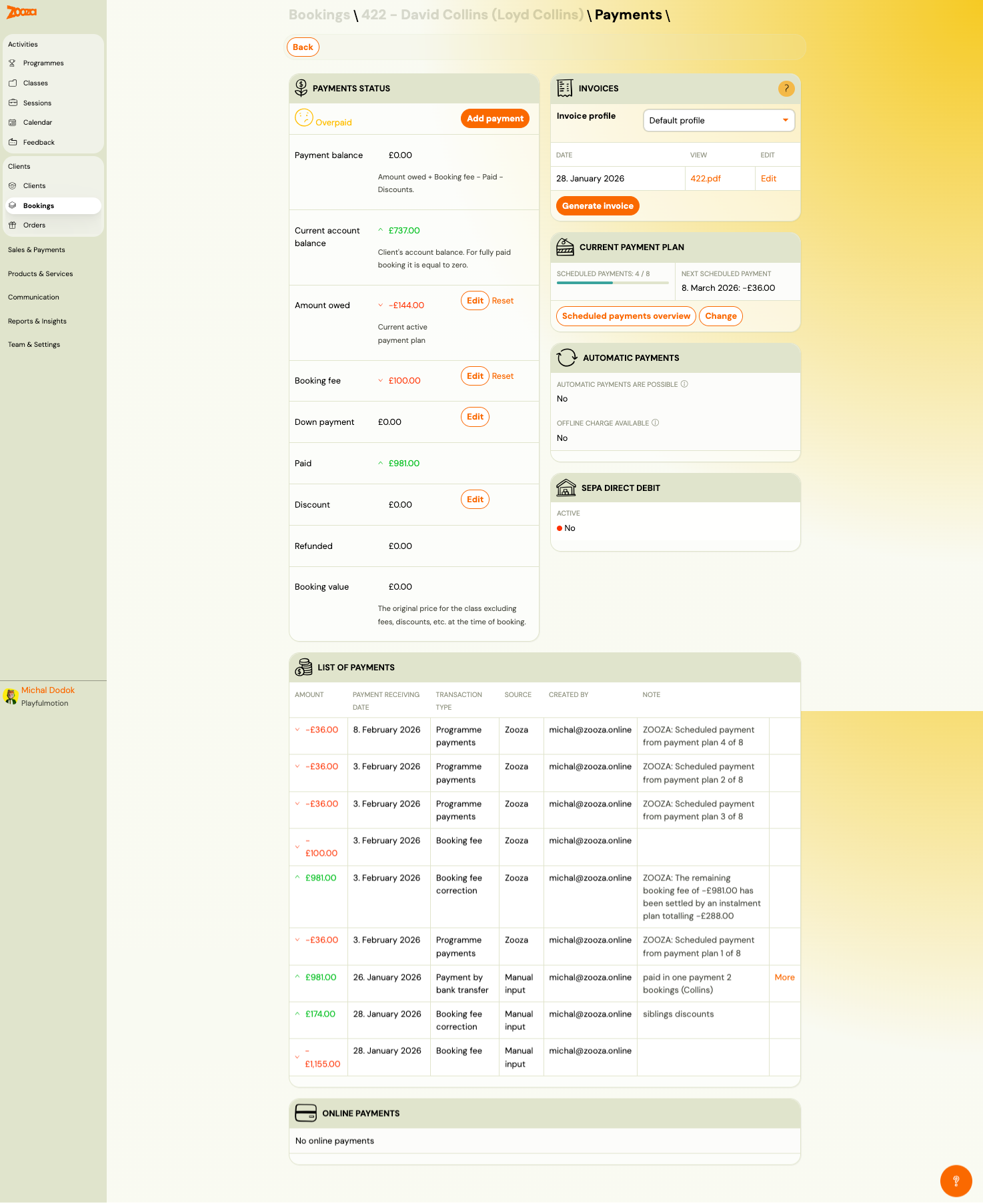 Payments tab