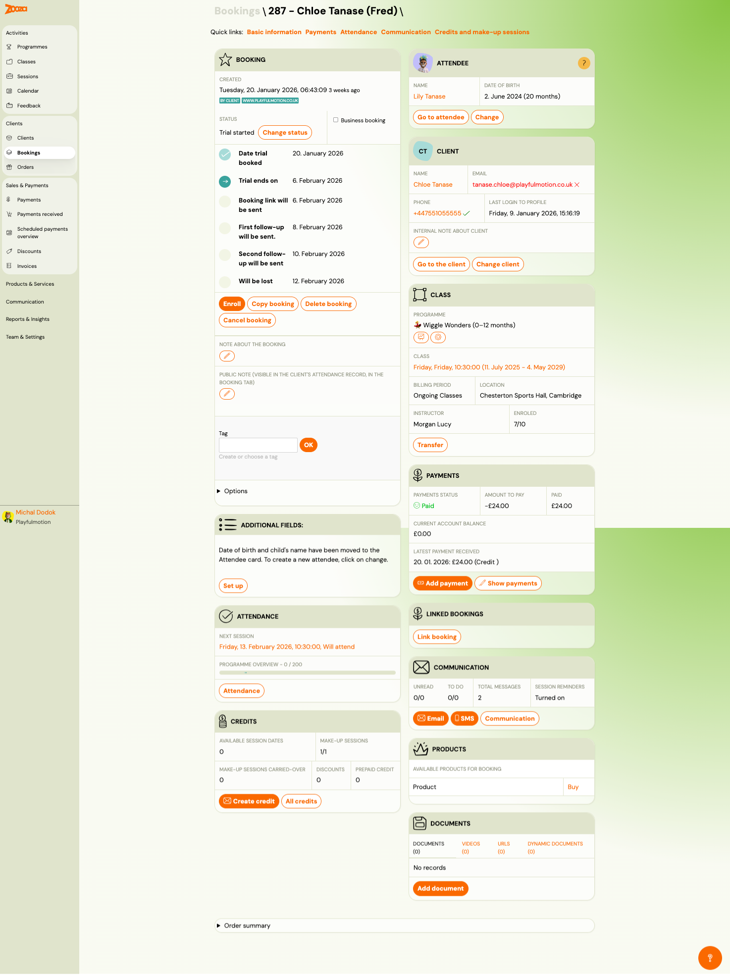 Trial booking detail