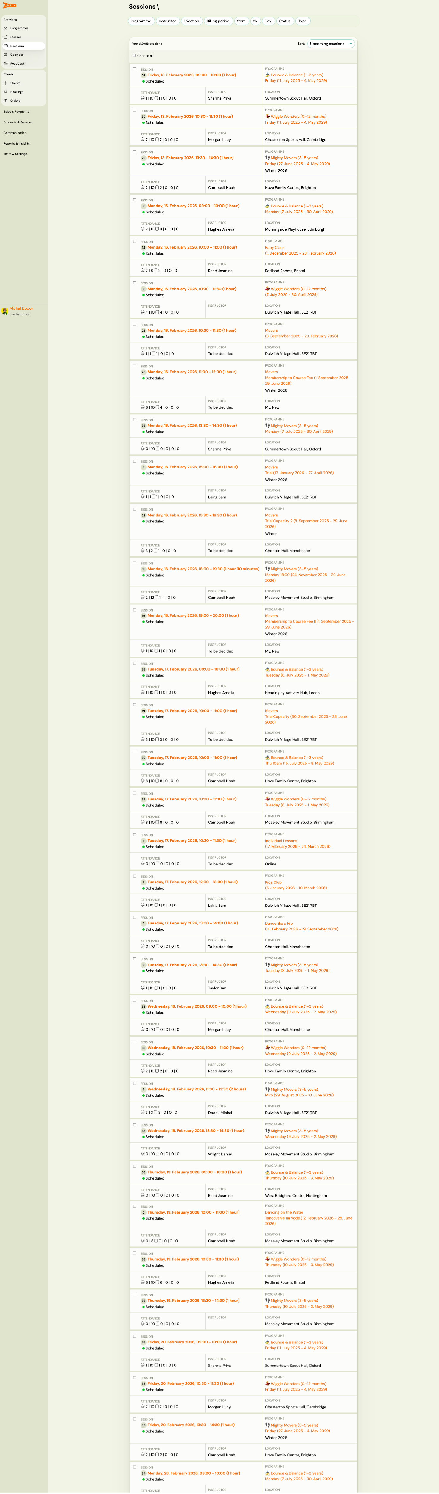 Sessions list