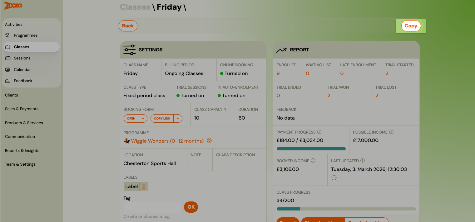 Screenshot — copy programme and class