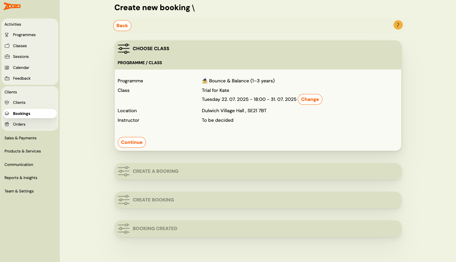 Screenshot — creating a booking