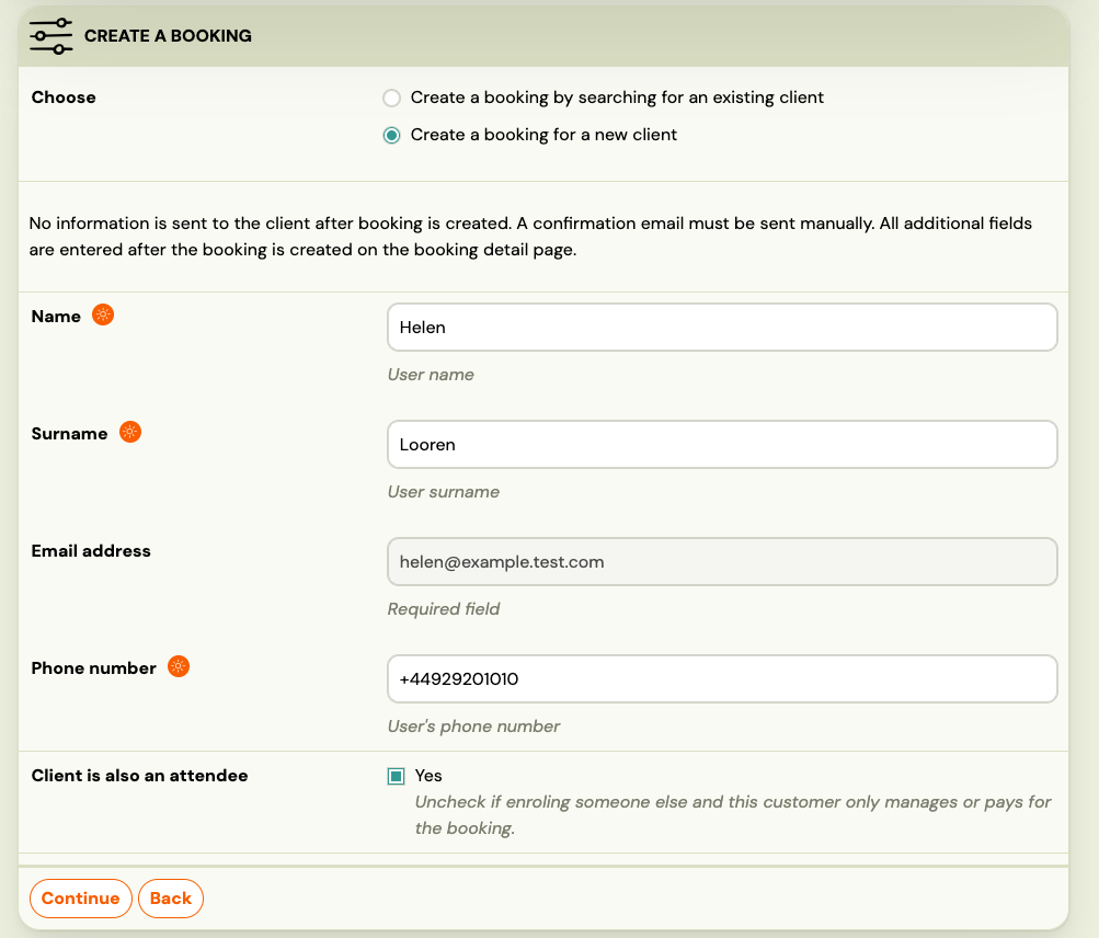 Screenshot — creating a booking