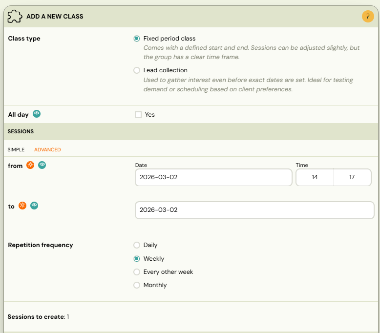 New Class button on Programme Overview