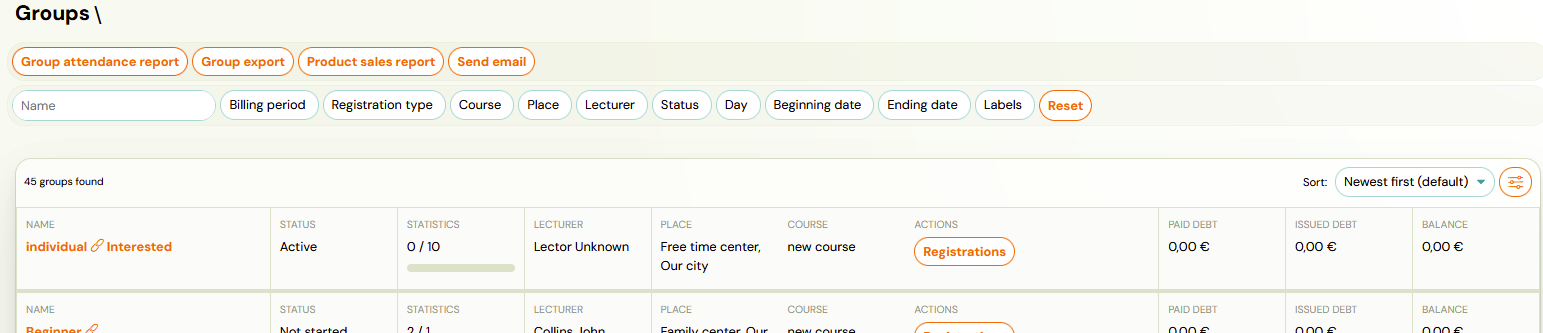 Classes overview with filters