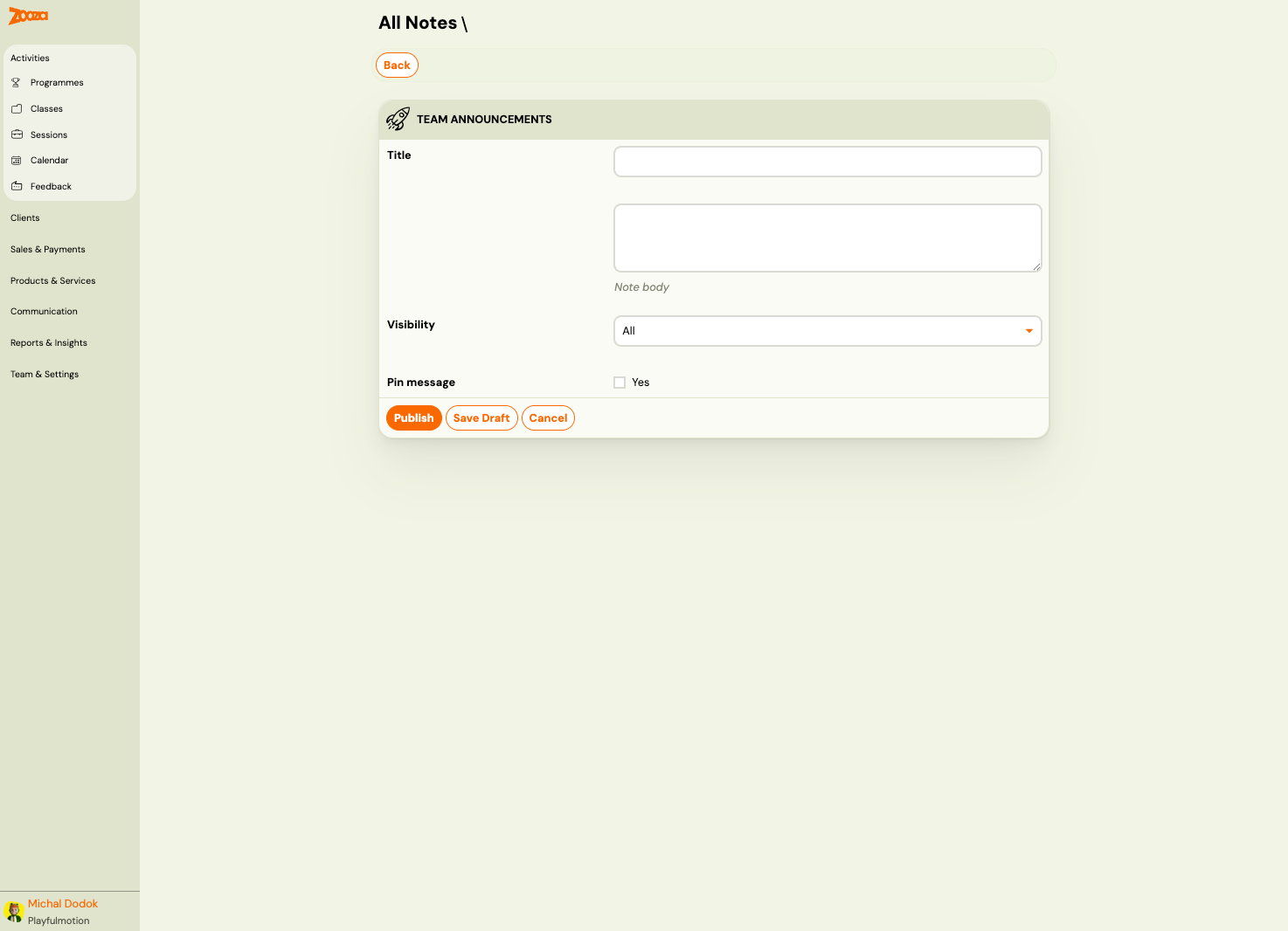 Team Announcements — create form