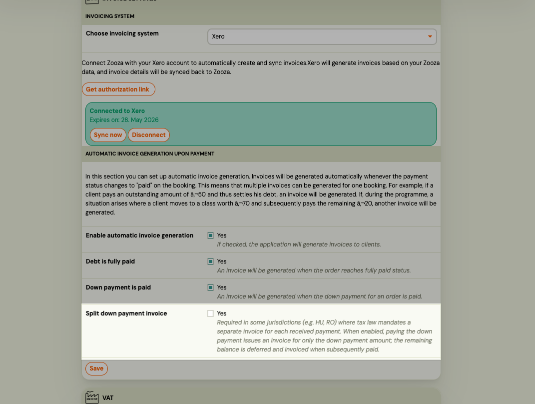Screenshot — downpayment split invoicing