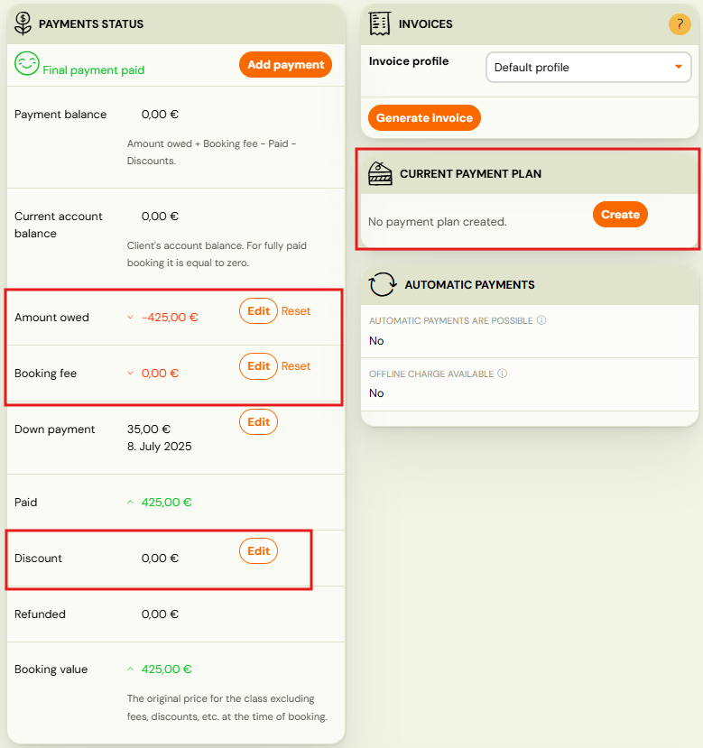 Screenshot — edit payment on booking