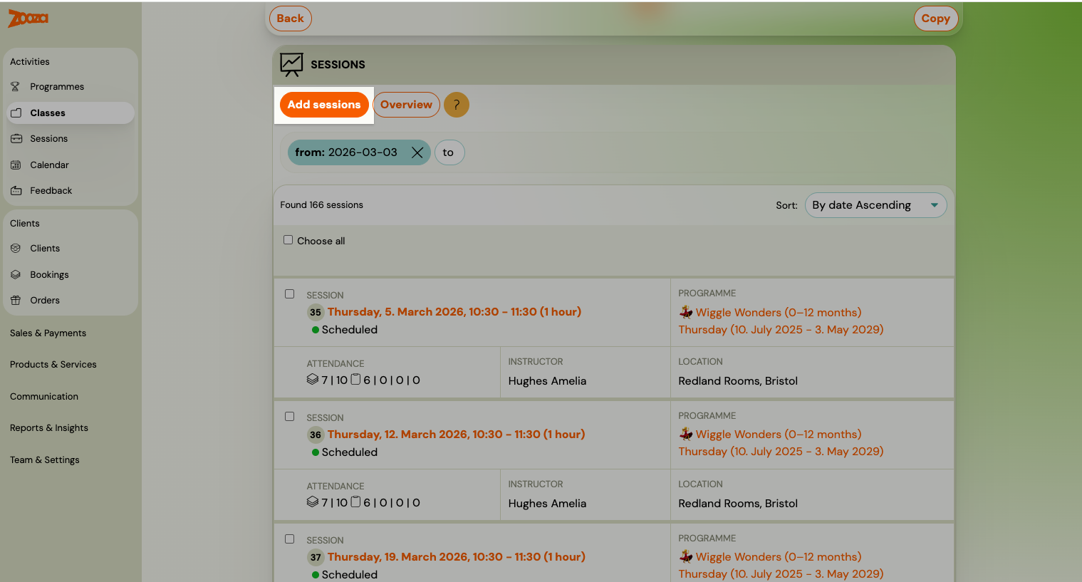 Screenshot — edit sessions in programmes