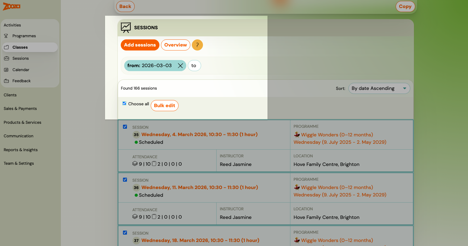 Screenshot — edit sessions in programmes