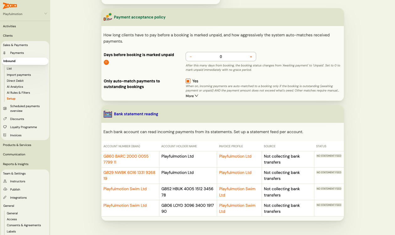 Bank statement reading table listing each bank account with its invoice profile, source and status