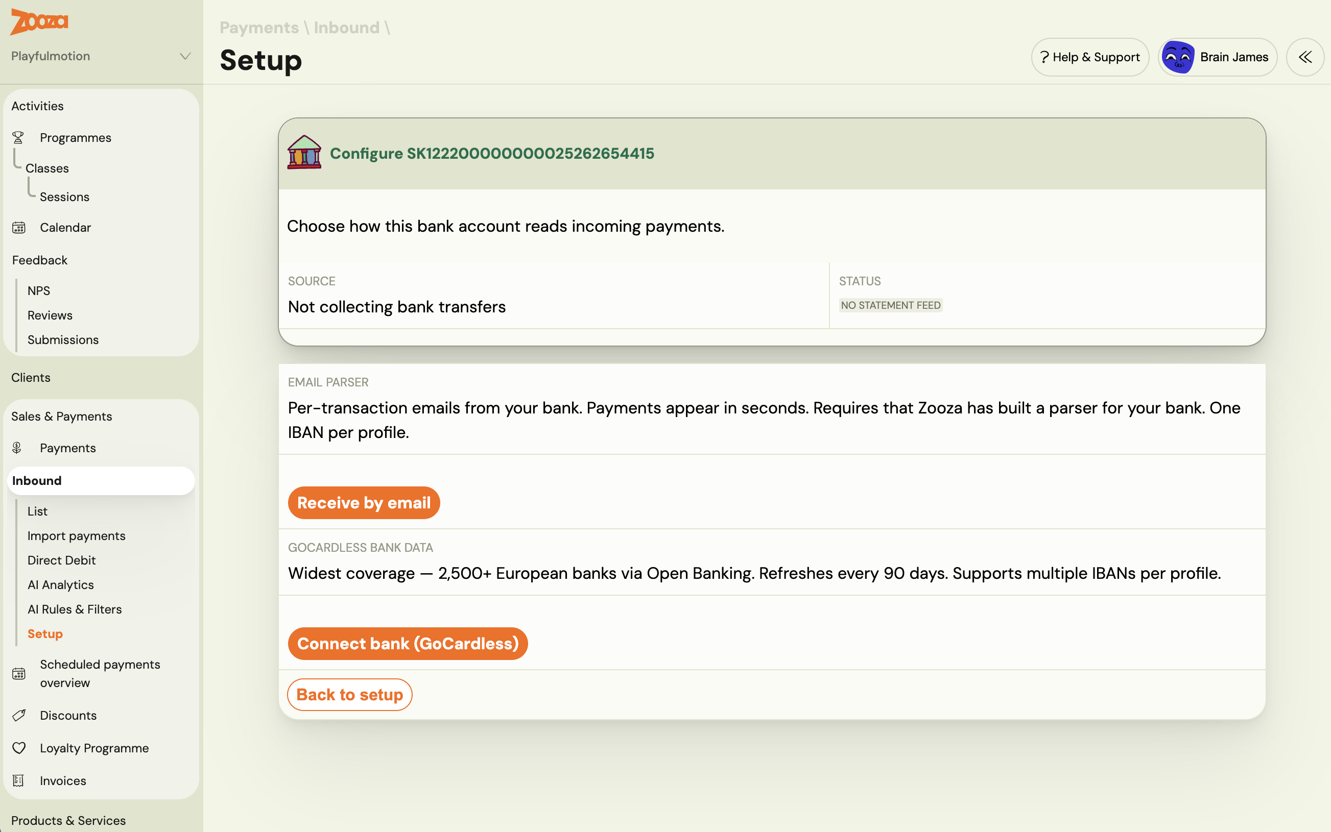 Setup screen for a bank account with no feed yet, offering the email parser or GoCardless