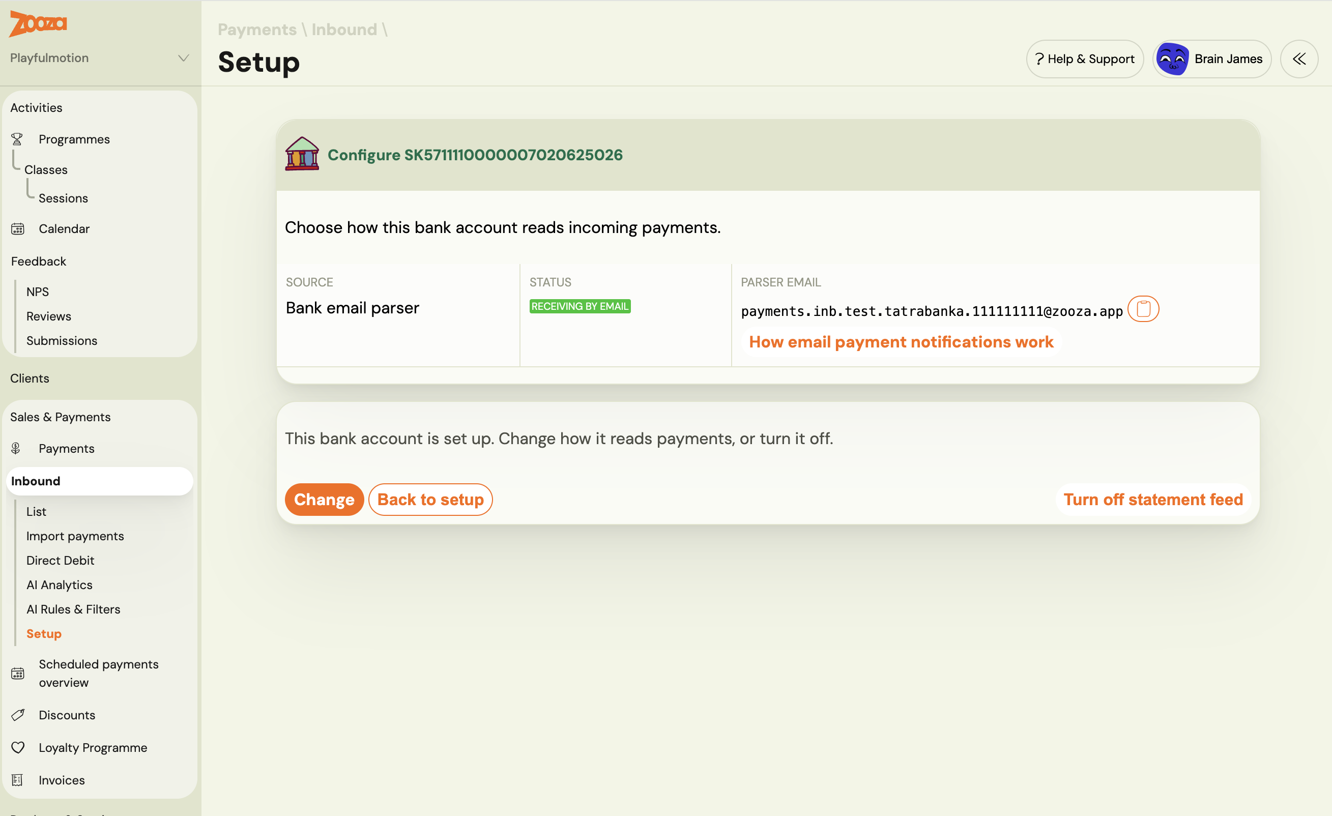 The same account once configured, receiving by email and showing its parser address
