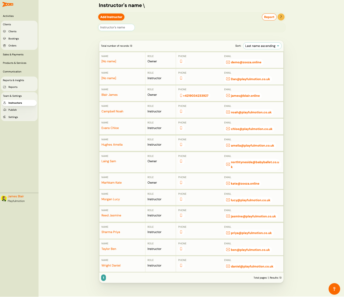 Instructors list