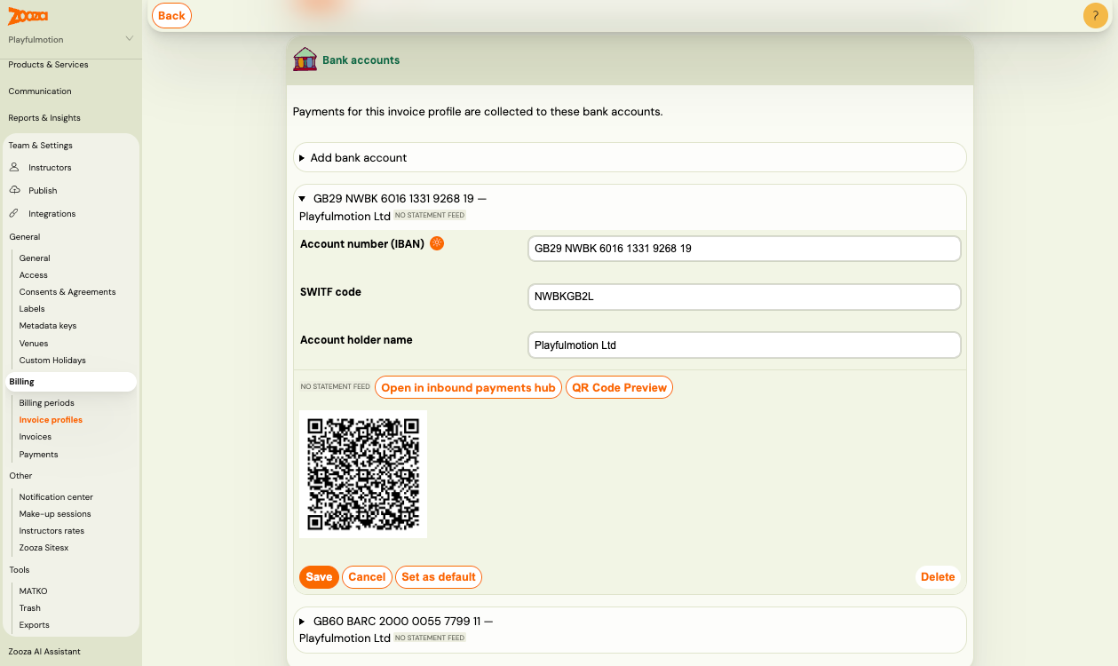 Bank accounts card on an invoice profile with the account fields and QR code preview open