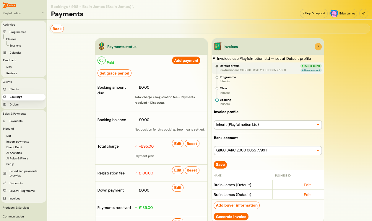 Invoicing card on a booking showing the full chain down to booking level