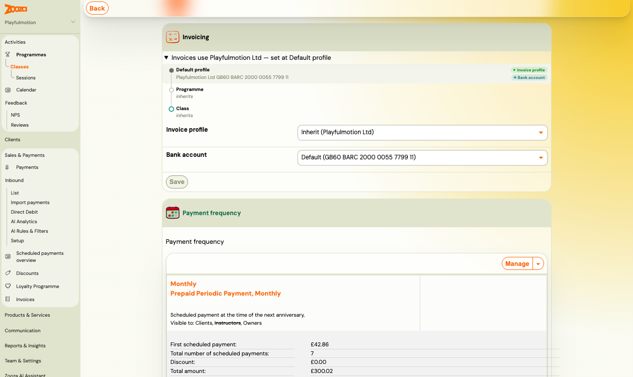 Invoicing card on a class showing the chain from default profile through programme to class