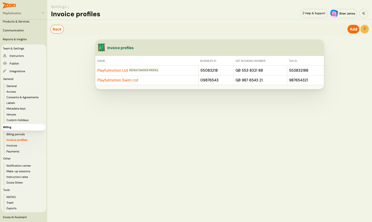 Invoice profiles list showing two legal entities with the default profile badge