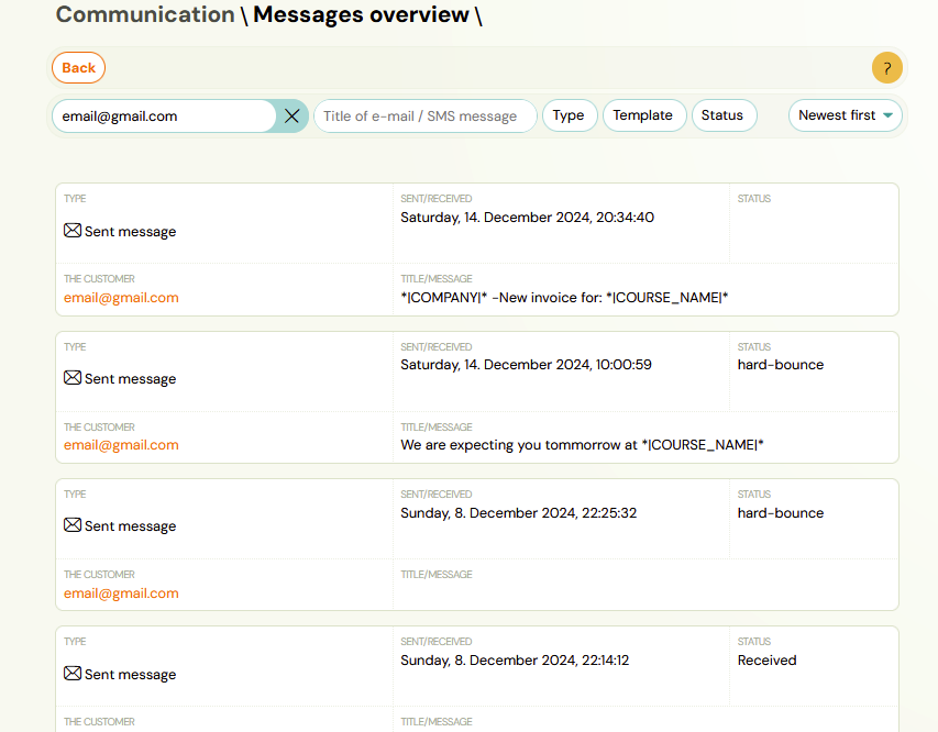 Messages overview with filters Messages overview