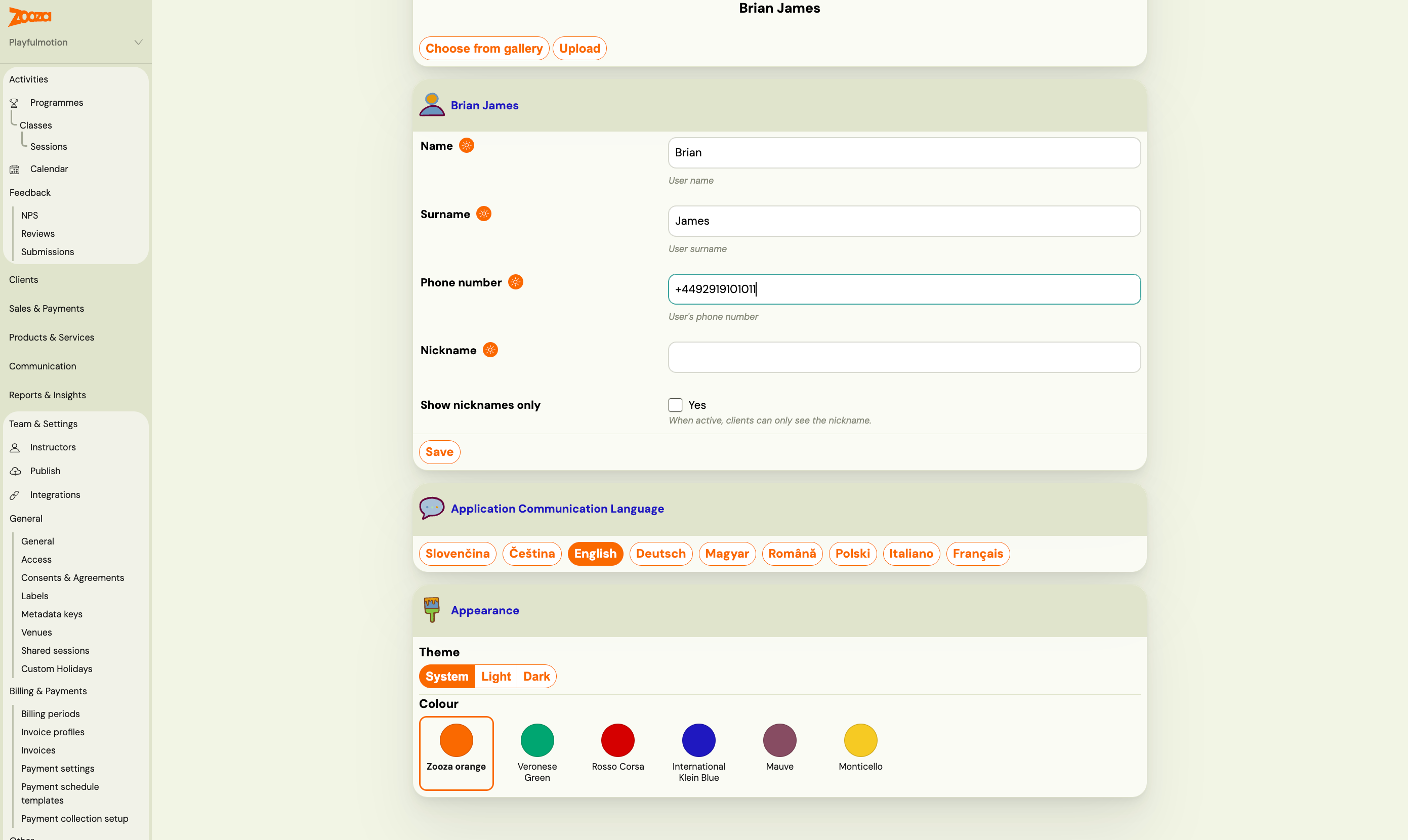 The Appearance card on My profile, with Theme set to System and six colour swatches below