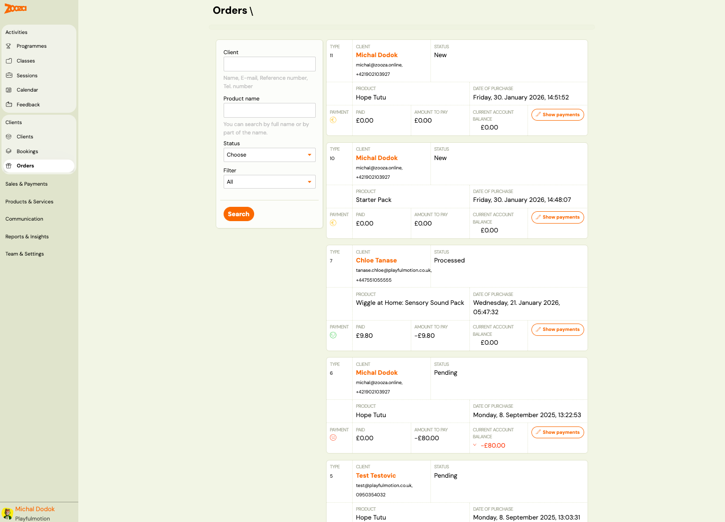 Orders list
