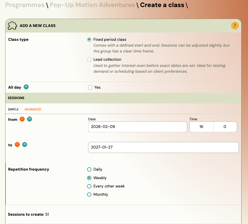 Adding sessions to a class