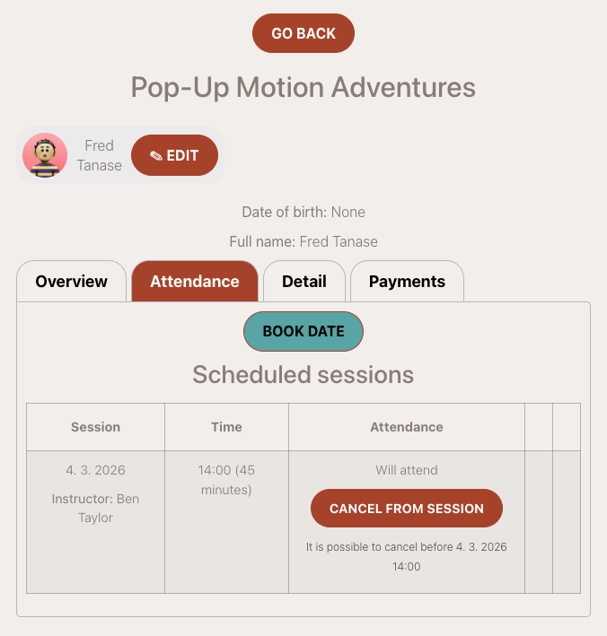 Client view — selecting available sessions