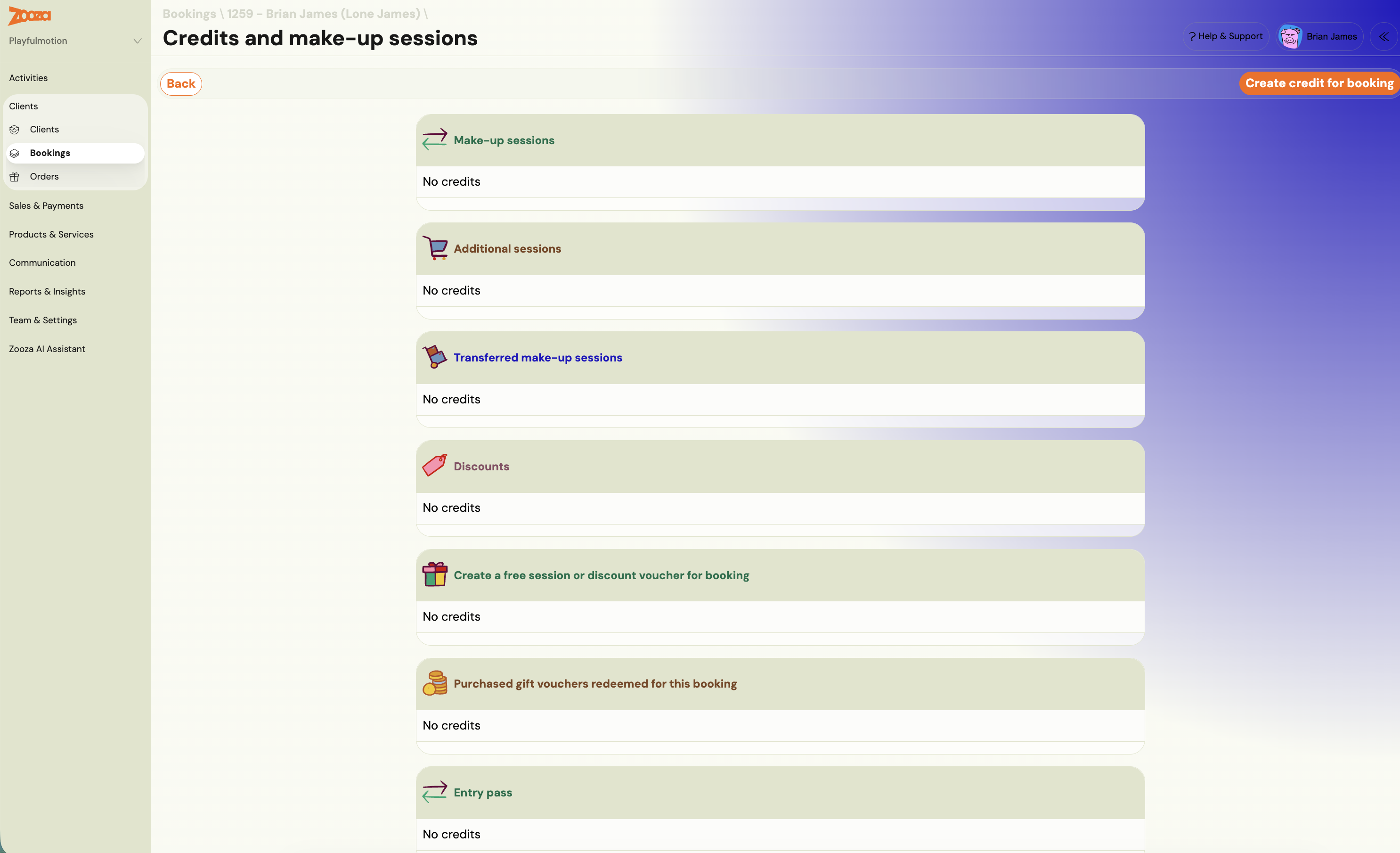 Credits and make-up sessions screen on a booking, with the Create credit for booking button and the Discounts section