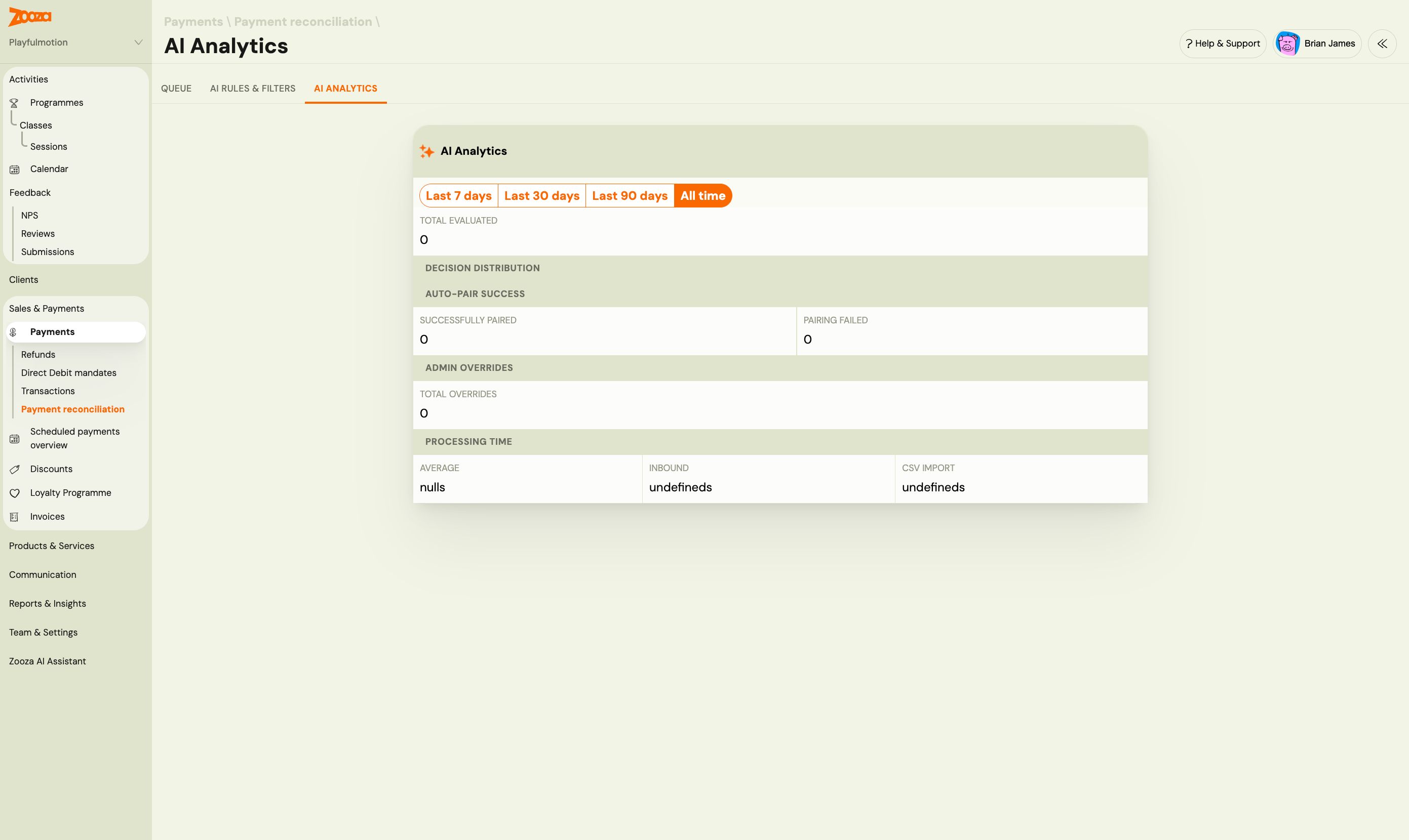 The AI Analytics tab of Payment reconciliation, showing evaluated totals, auto-pair success, admin overrides and processing time