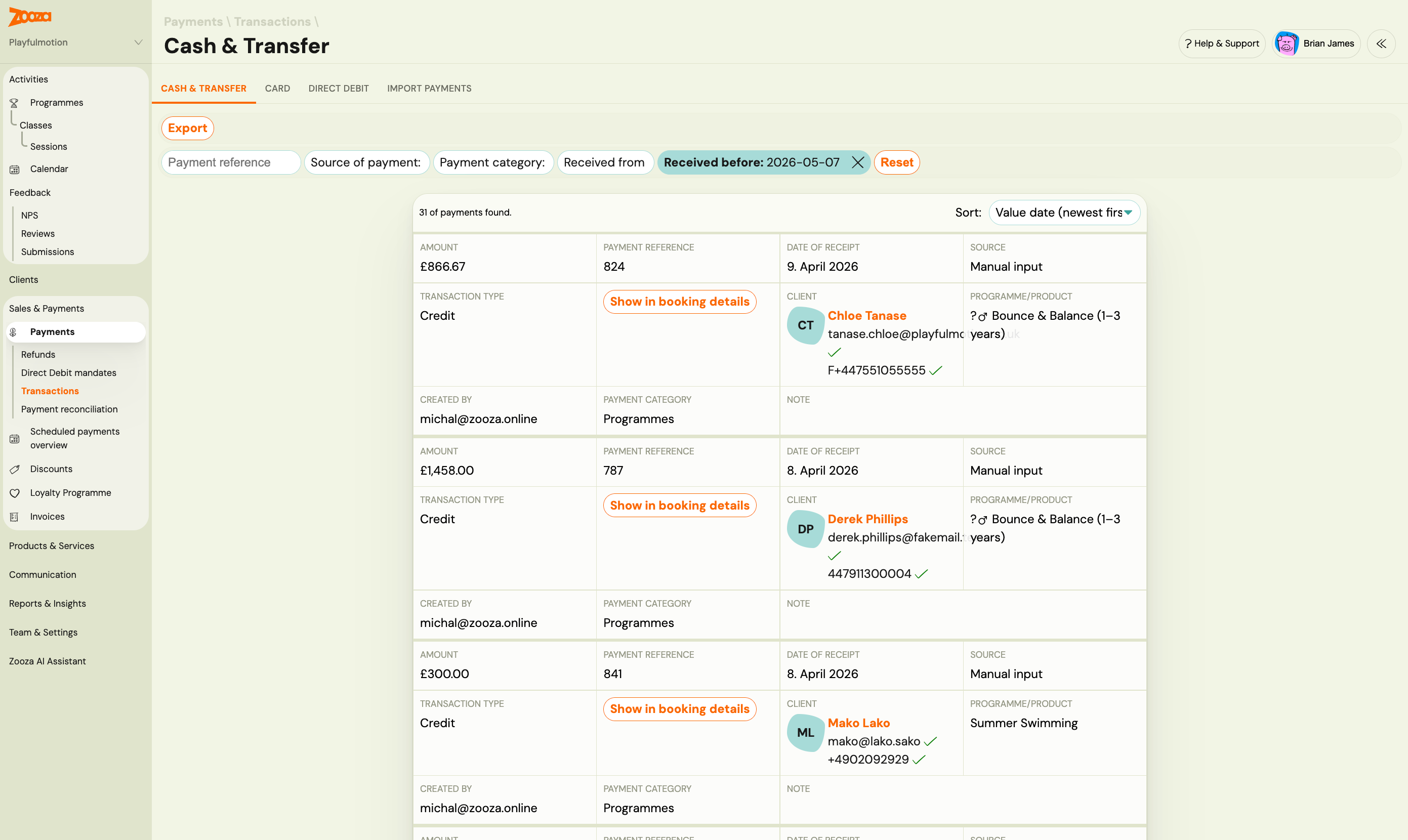 The Transactions ledger on its Cash & Transfer tab, with Card, Direct Debit and Import payments alongside