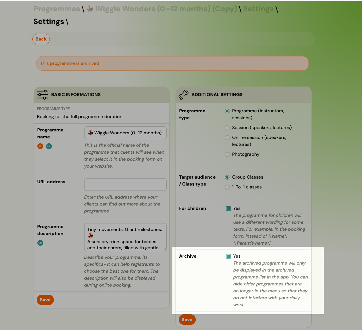 Screenshot — programme settings tile