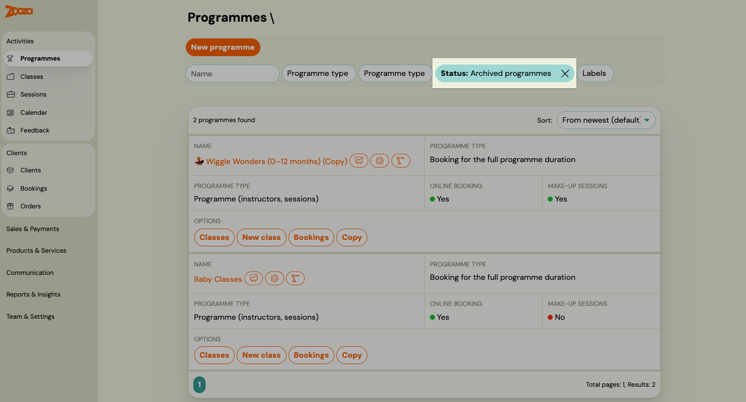 Screenshot — programme settings tile