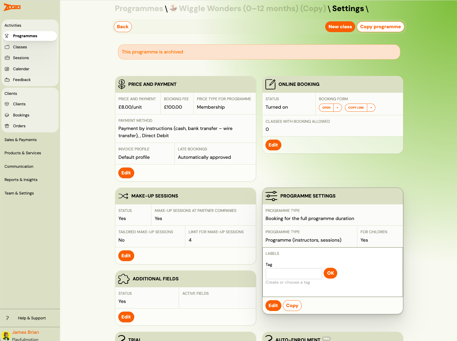 Screenshot — programme settings tile