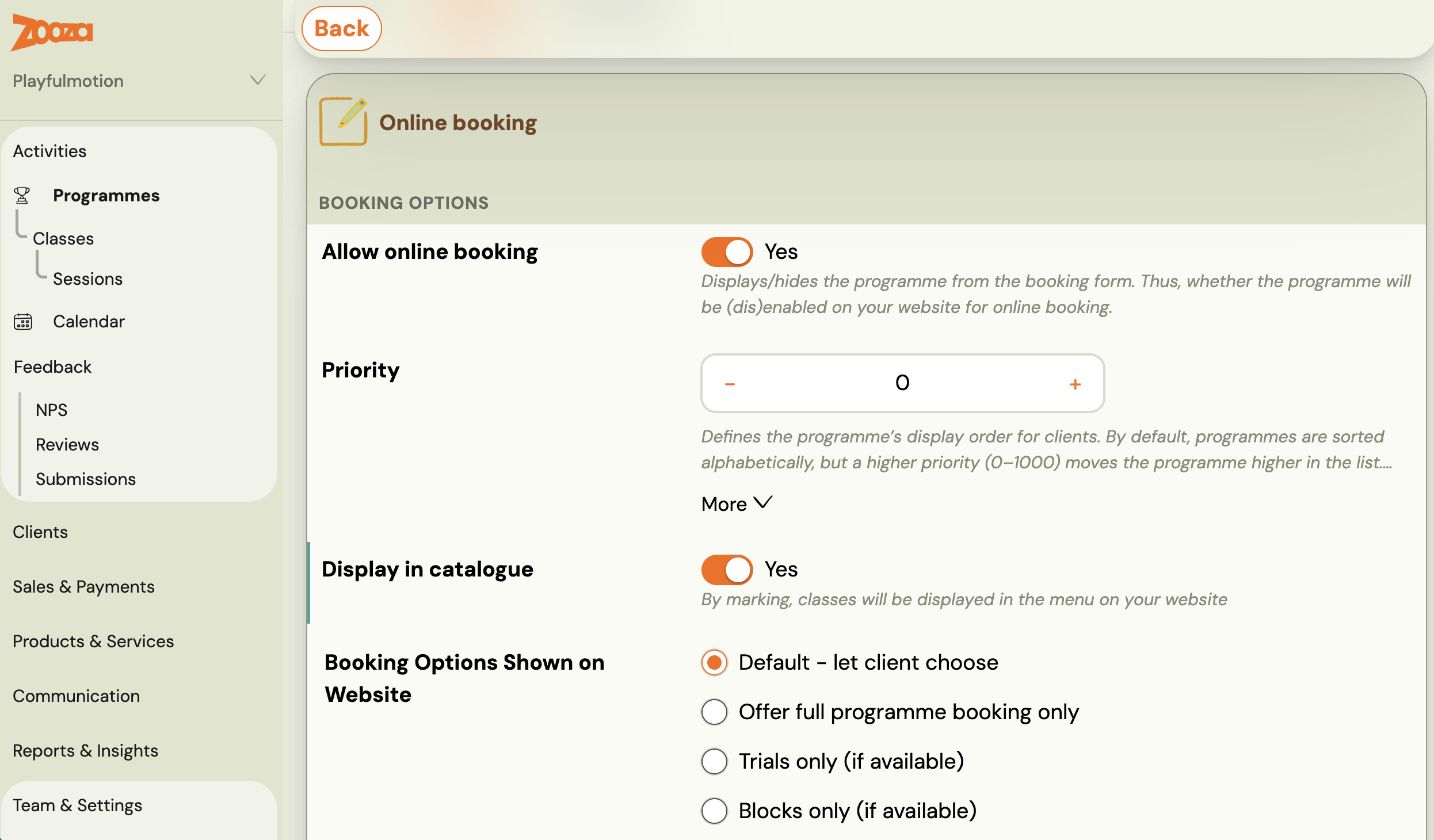 The Priority stepper in Online booking settings, set to 0, with the hint that a higher priority moves the programme up