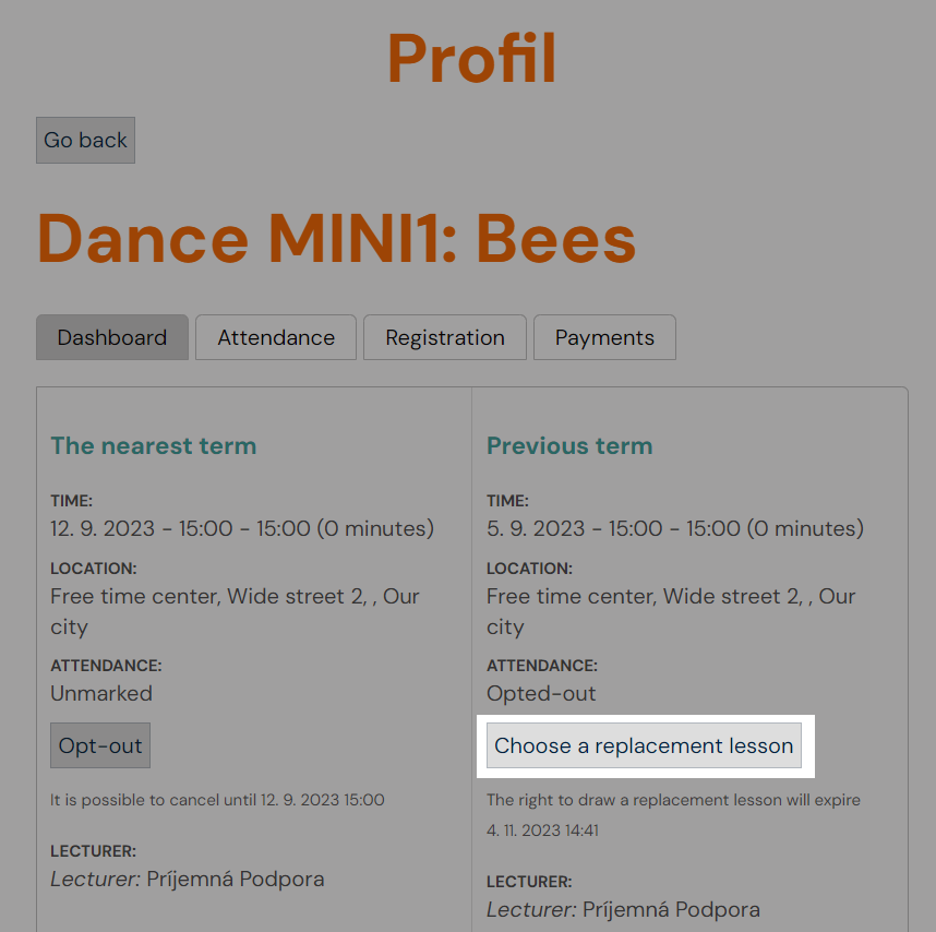 Choose Replacement Lesson button on cancelled session