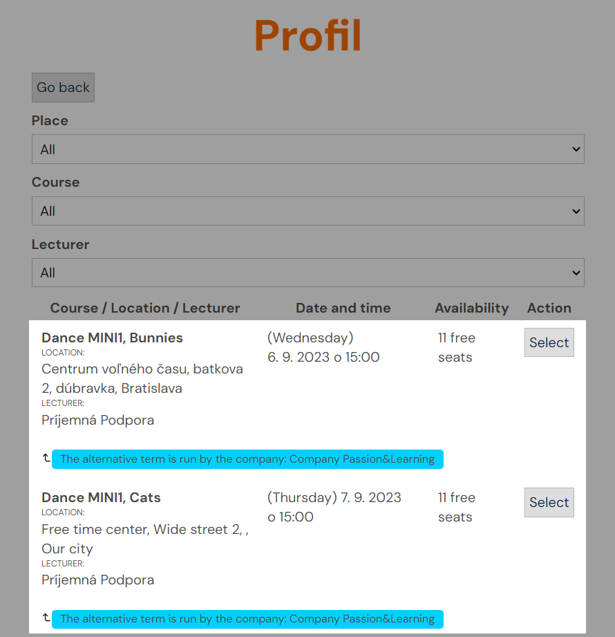 Replacement session from another branch shown in client profile