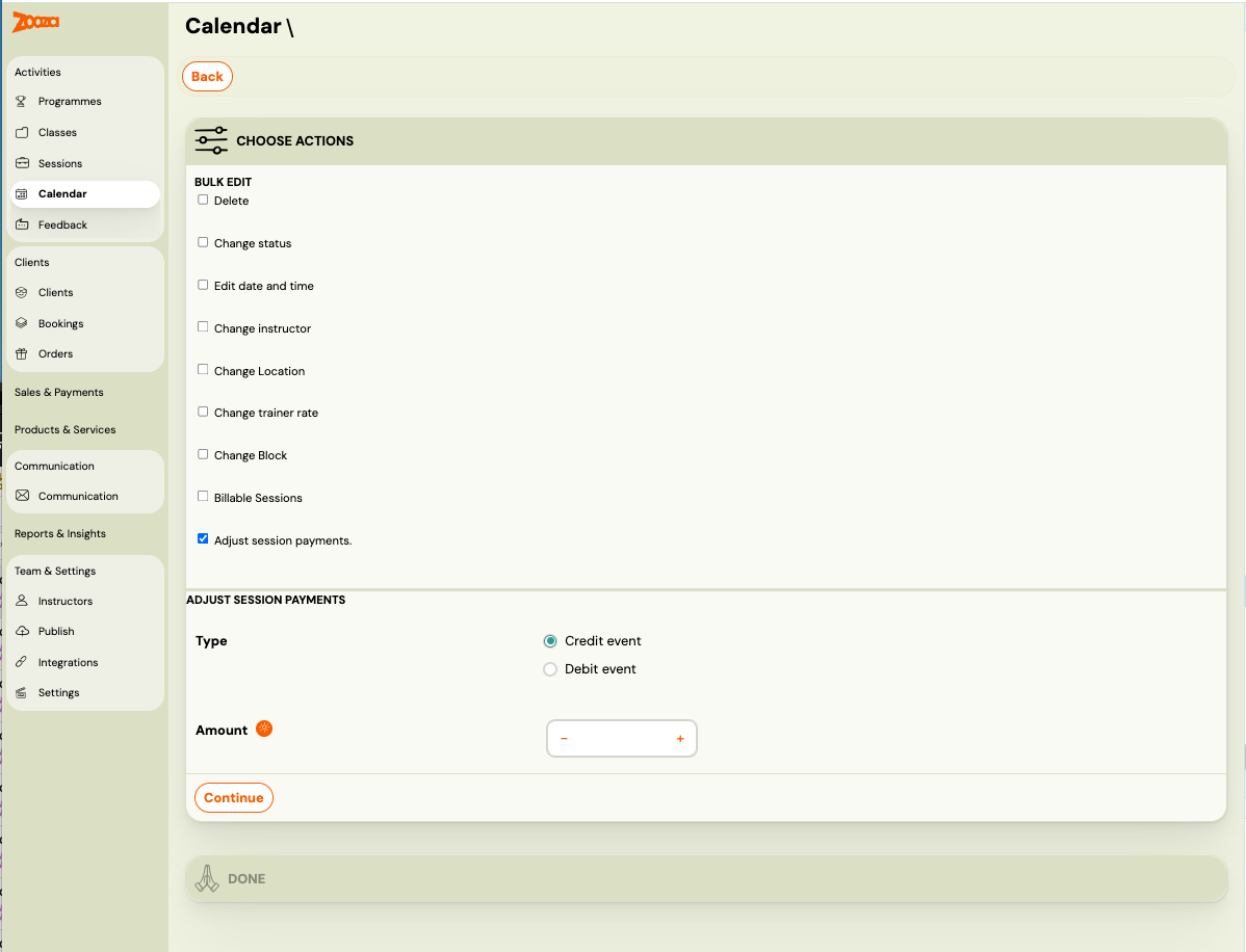 Screenshot — session payment adjustments