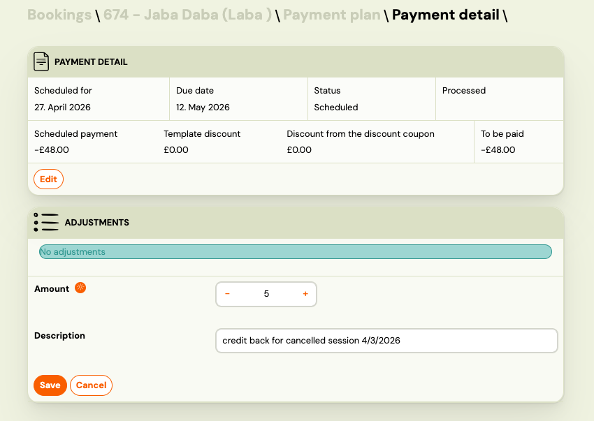 Screenshot — session payment adjustments